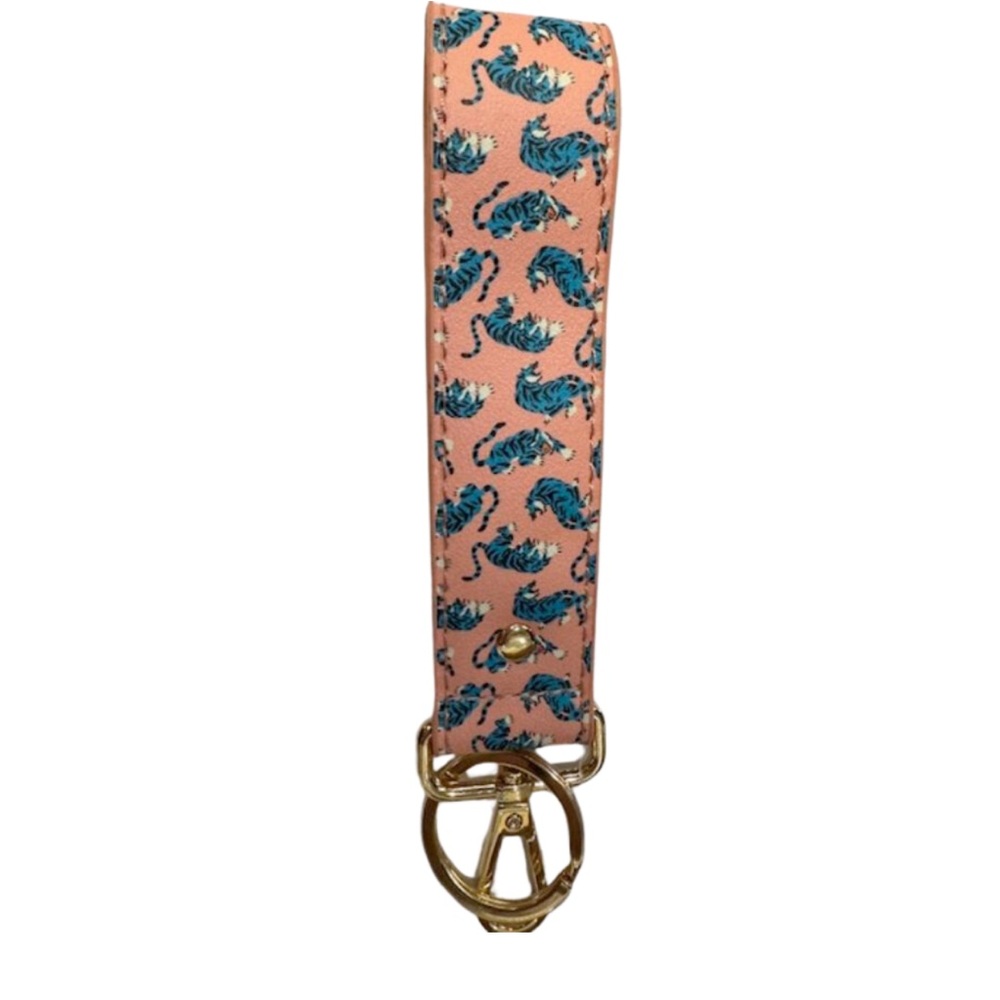 Pink Leather  Blue Tigers wristlet keychain